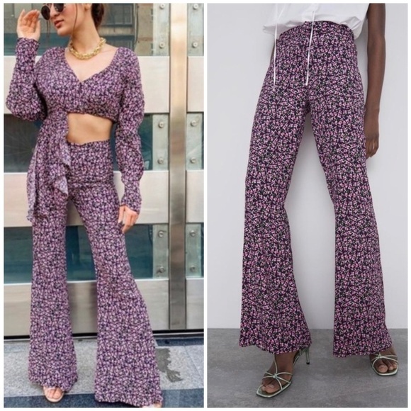 ZARA High Waisted Floral Print Flare Pants - Picture 1 of 13